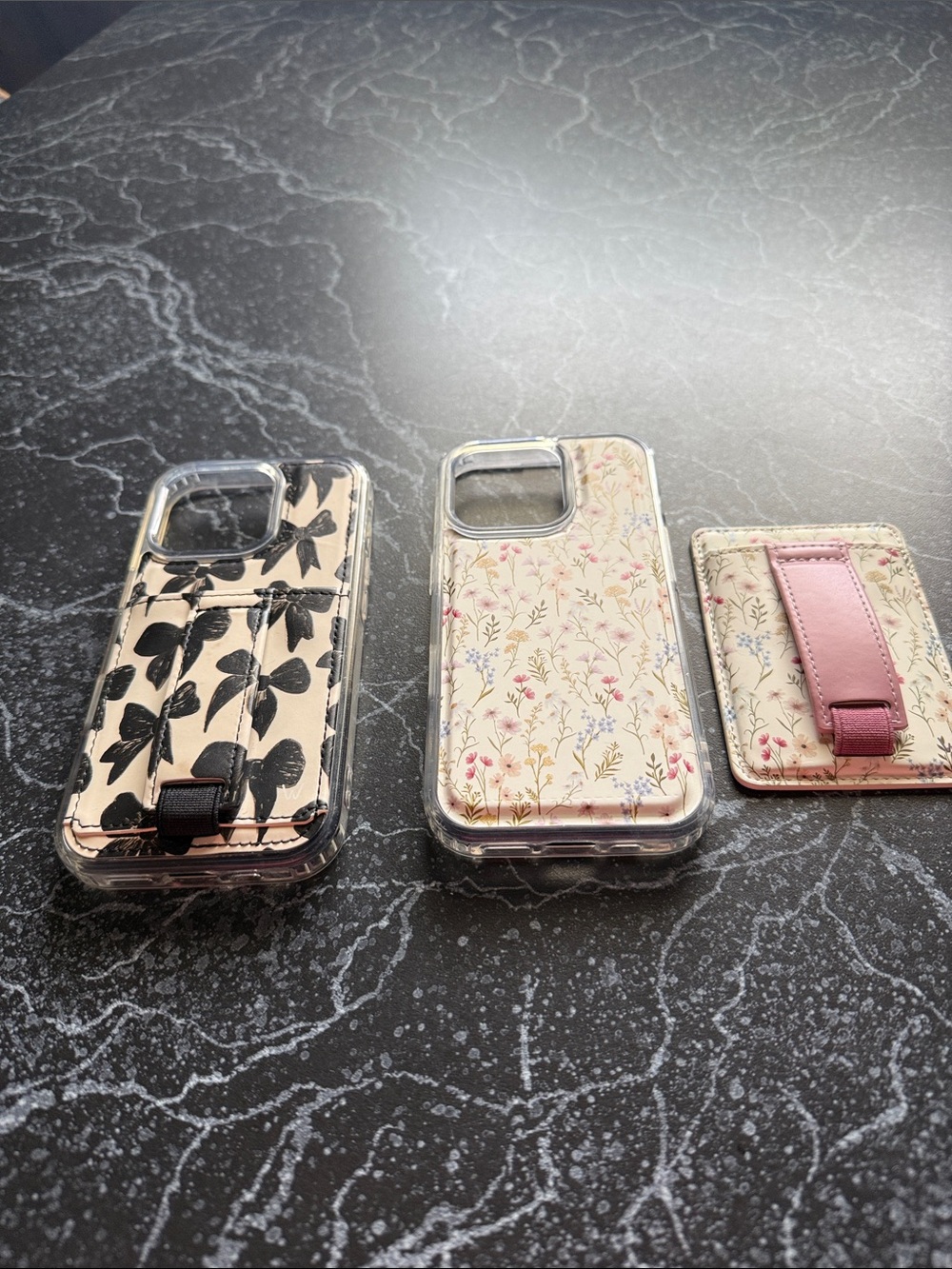Floral Print Phone Case with Integrated Strap Stand (Pink) and Black/White Bow